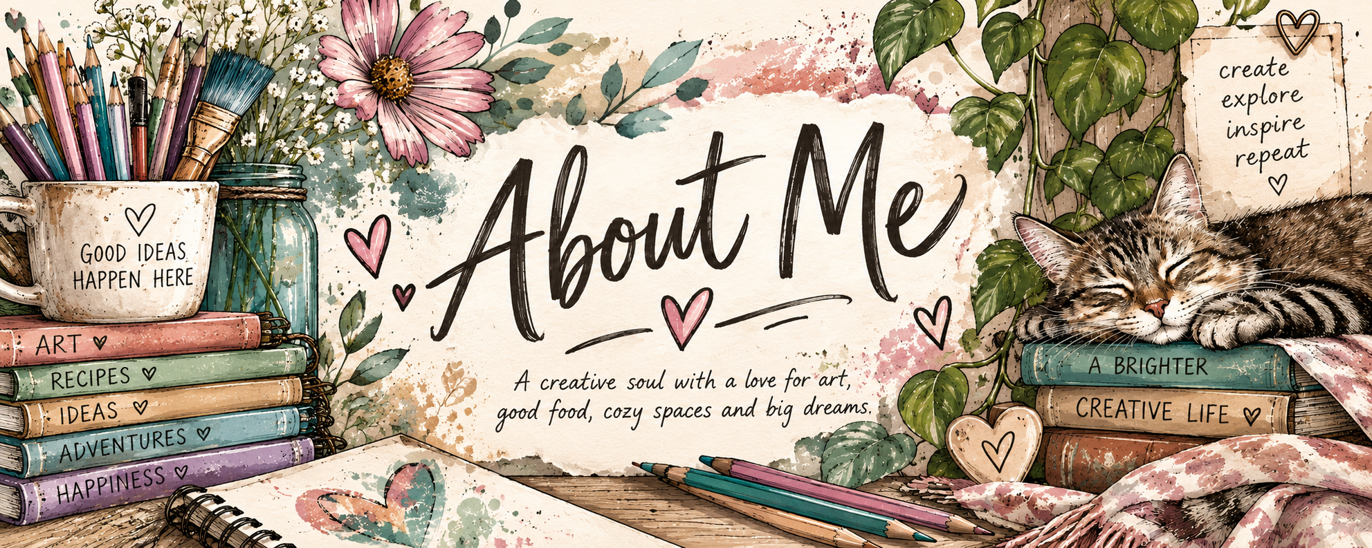 About Me - a cozy creative space filled with art supplies, books, flowers, and a sleeping cat